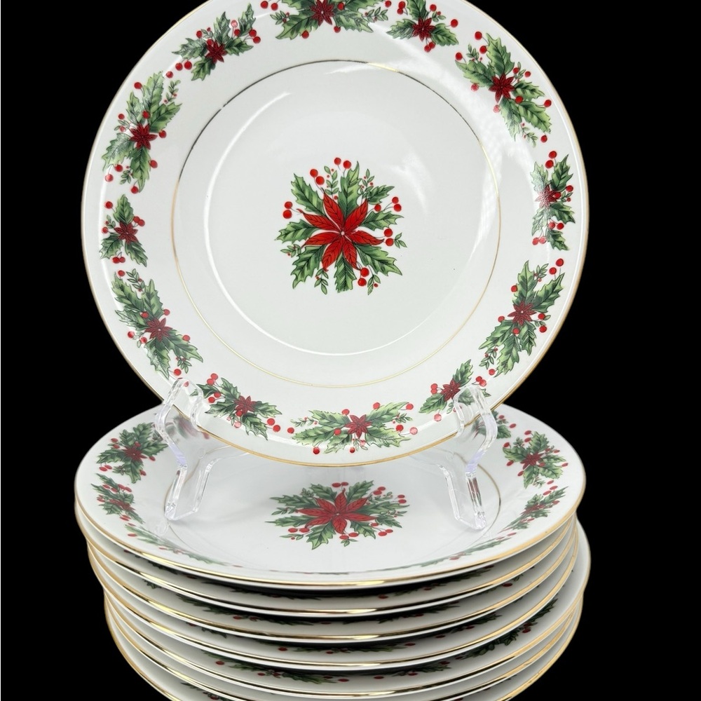 8 Lynns Holly Wreath Fine China 8 1/4" Bowls Poinsettia Christmas Soup Cereal